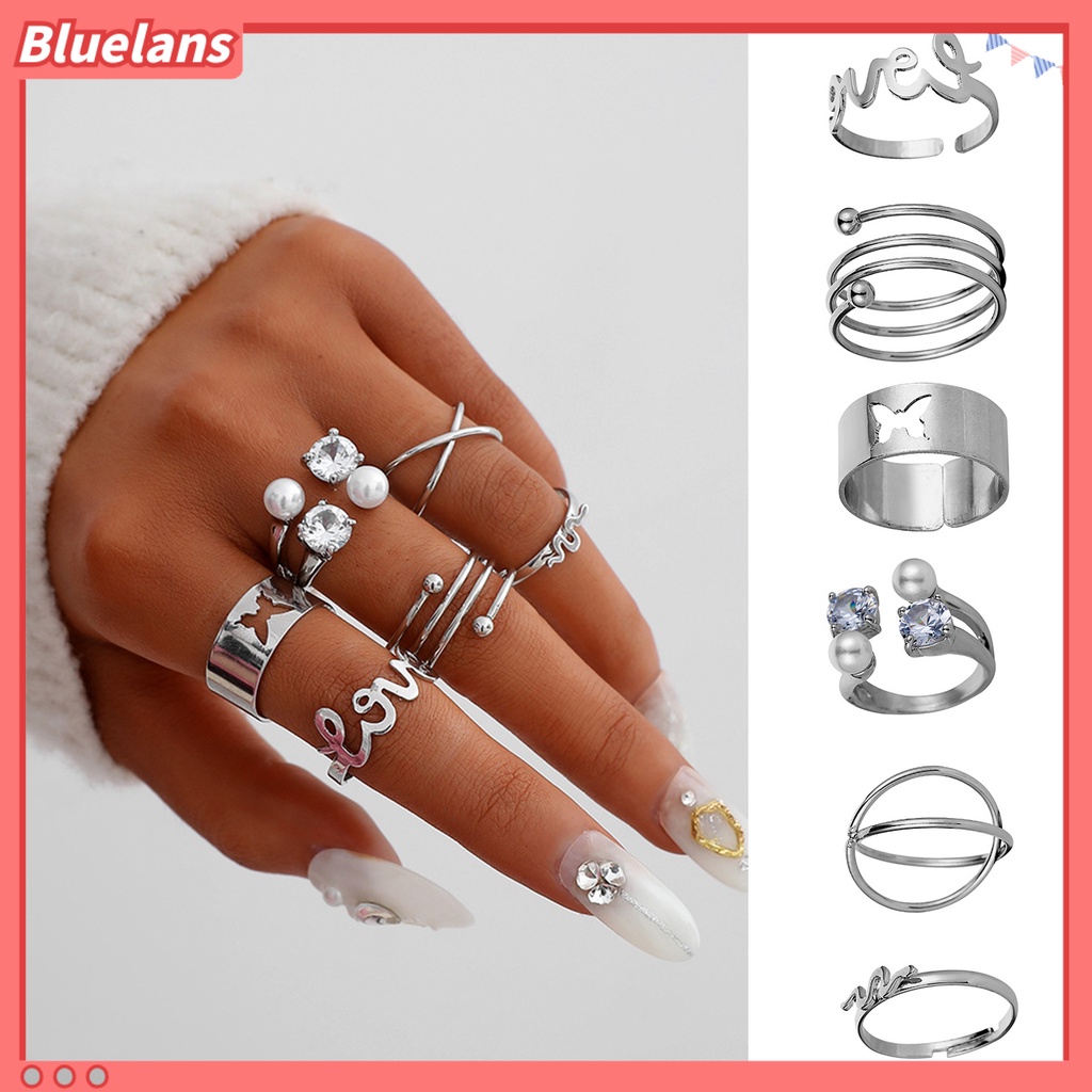 [BLS] 6pcs Cincin Jari Huruf Kupu-Kupu Mutiara Imitasi Pria Wanita Pembukaan Adjustable Ins Style Rings Fashion Jewelry