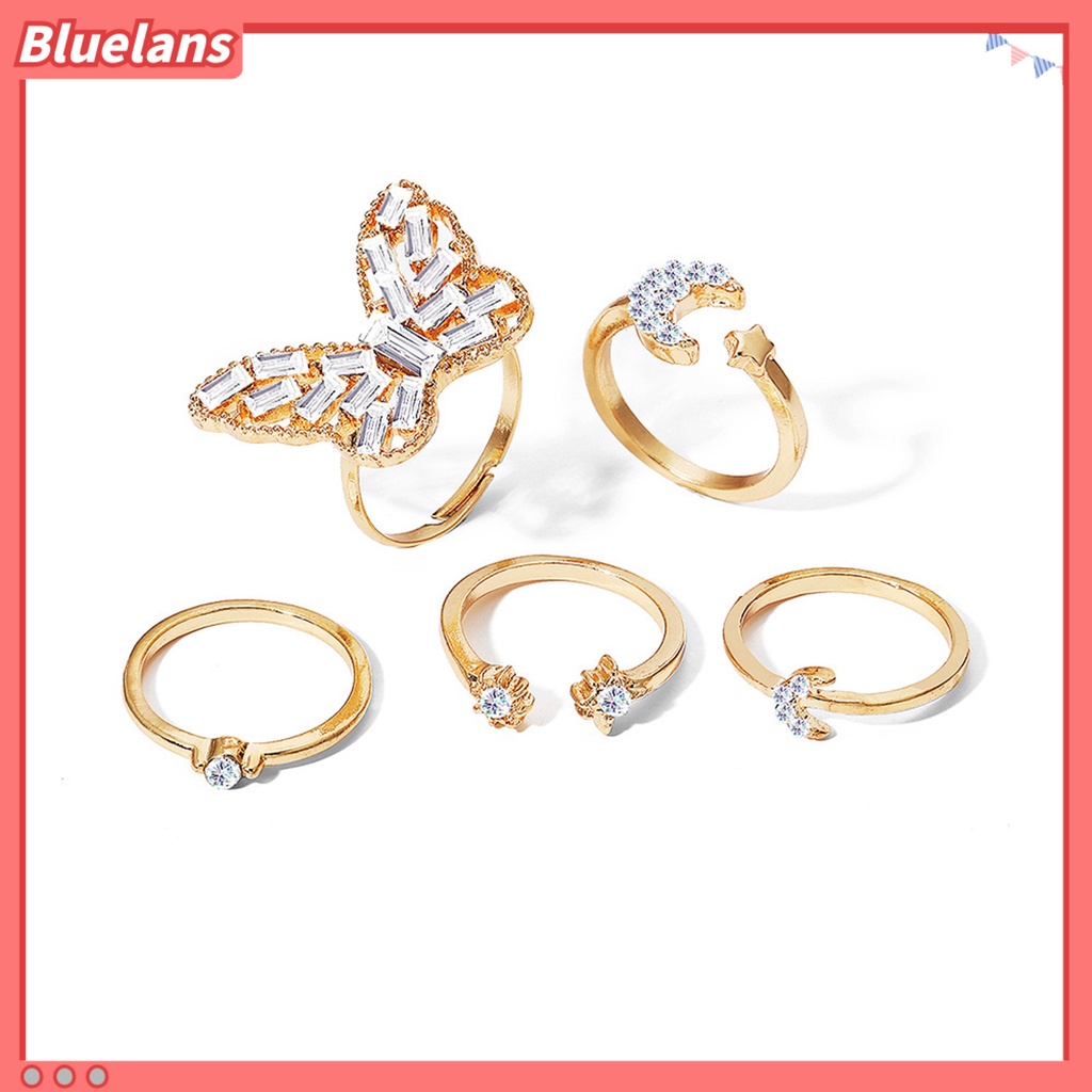 [BLS] 5pcs Cincin Buku Jari Kupu-Kupu Bulan Bintang Perhiasan Stackable Rhinestones Finger Rings Perhiasan Aksesoris