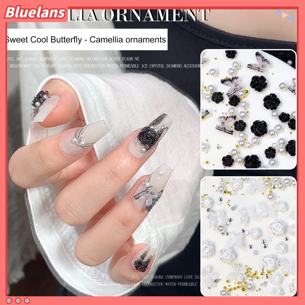 [BLM] 1kotak Hiasan Mawar Kuku Cantik Tiga Dimensi Camellia Butterfly Faux Pearl Nail Art Dekorasi Untuk Salon Kuku