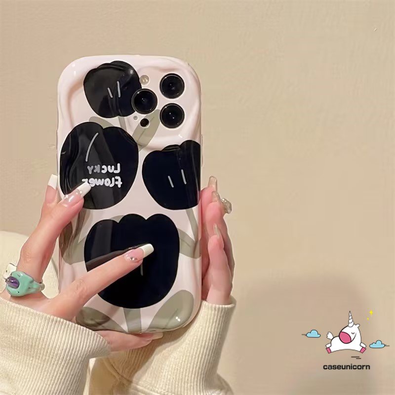 IPHONE Casing 3D Wavy Curved Edge Vintage Tulip Art Line Kompatibel Untuk Iphone13 11 7Plus XR 12 14 Pro Max X6 7 8 6s Plus XS Max SE 2020bunga Retro Shockproof Glossy Tpu Soft Cover