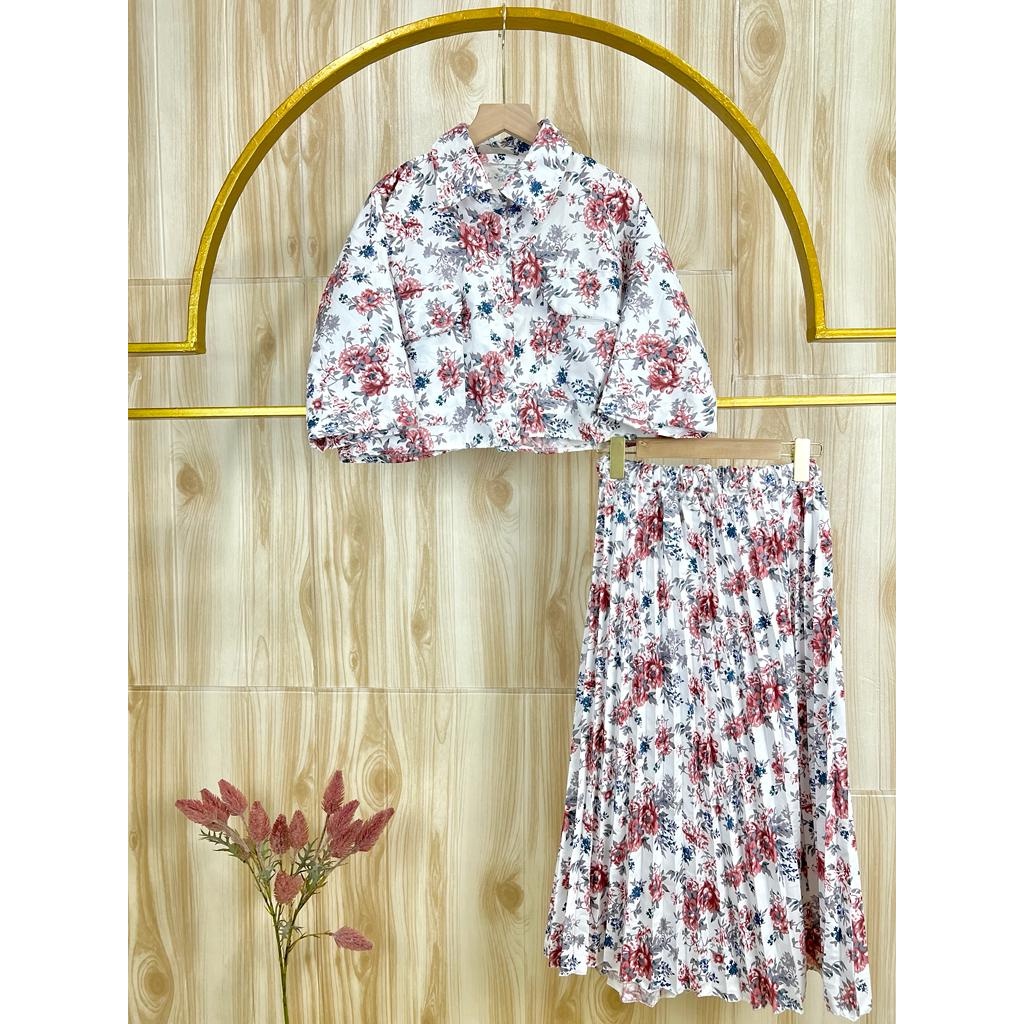 BEFAST - ZSO ONESET NANA / One Set Wanita Nature Korean Vintage Kemeja Crop &amp; Rok Midi Plisket / ONE SET BAJU WANITA FLORAL NATUR / SET FUJI Setelan Kekinian Remaja ABG Trendy / Oneset Wanita Casual Keluaran Terbaru / Set Atasan Kem Crop+Rok Midi Terlaris
