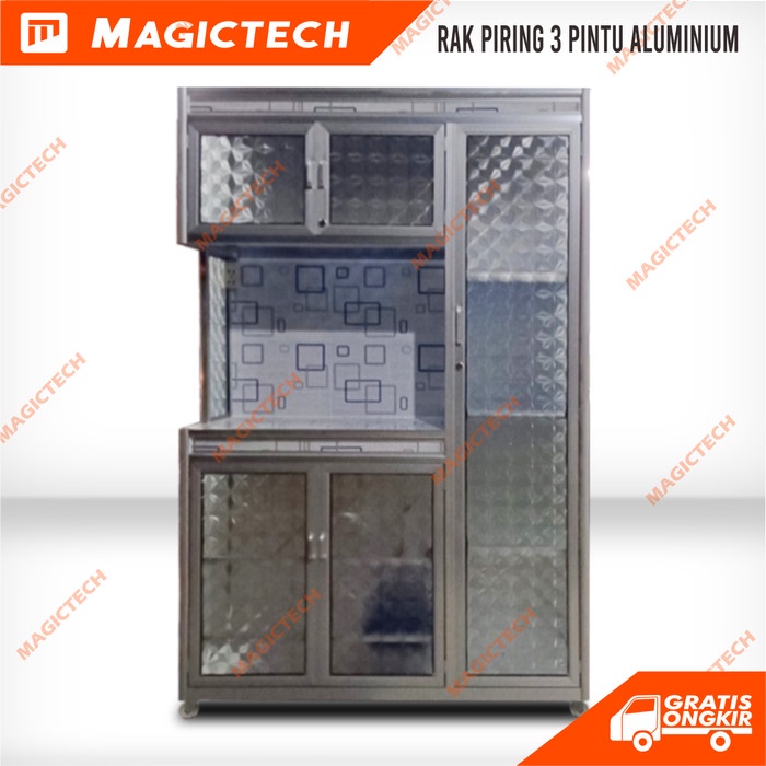 RAK PIRING ALUMINIUM KACA 3 PINTU KACA POLOS RODA 120 CM - POLOS