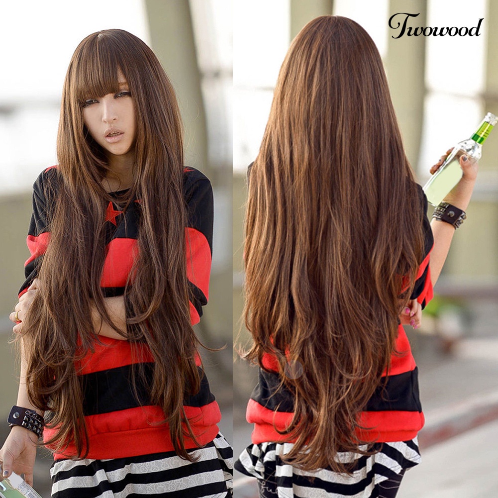 Twowood Wanita 80cm Fashion Panjang Keriting Bergelombang Gaya Cosplay Wig Rambut Penuh Dengan Poni Rapi