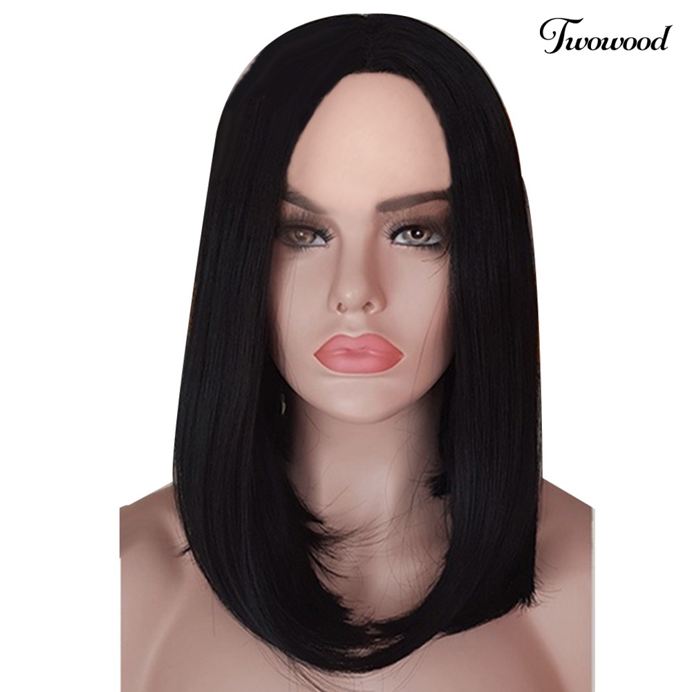 Twowood Wanita Lace Front Bob Natural Lurus Tahan Panas Sintetis Wig Sopak