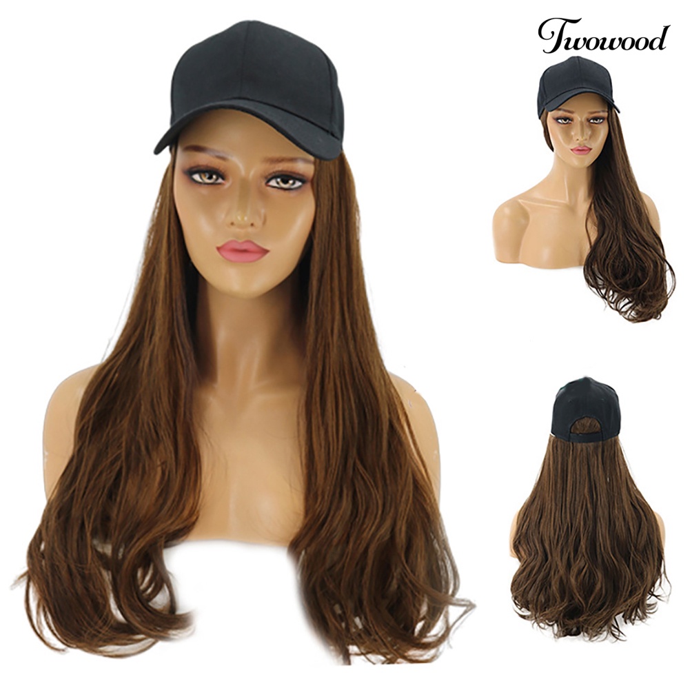 Twowood Wanita Gelombang Panjang Wig Sopak Rambut Sintetis Ekstensi Dengan Topi Baseball Cap