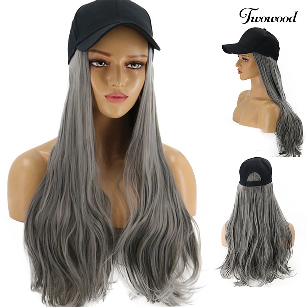 Twowood Wanita Gelombang Panjang Wig Sopak Rambut Sintetis Ekstensi Dengan Topi Baseball Cap