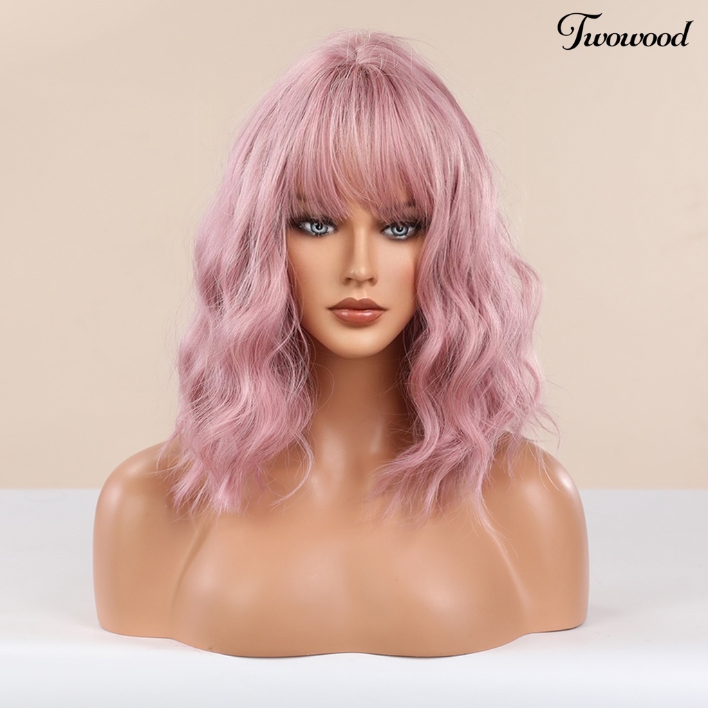 Twowood Cosplay Wig Universal Halus Ringan Pink Head Air Bangs Medium Long Curly Hair Wig Untuk Pesta