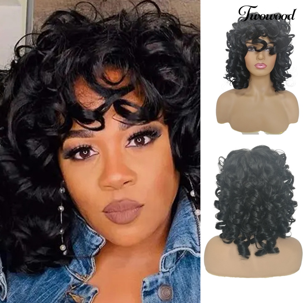 Twowood Curly Hair Wig Fashion Mudah Dipakai Berbulu Trendi Kosmetik Sehat Aksesori Suhu Tinggi Sutra Poni Panjang Keriting Wanita Wig Untuk Kehidupan Sehari-Hari