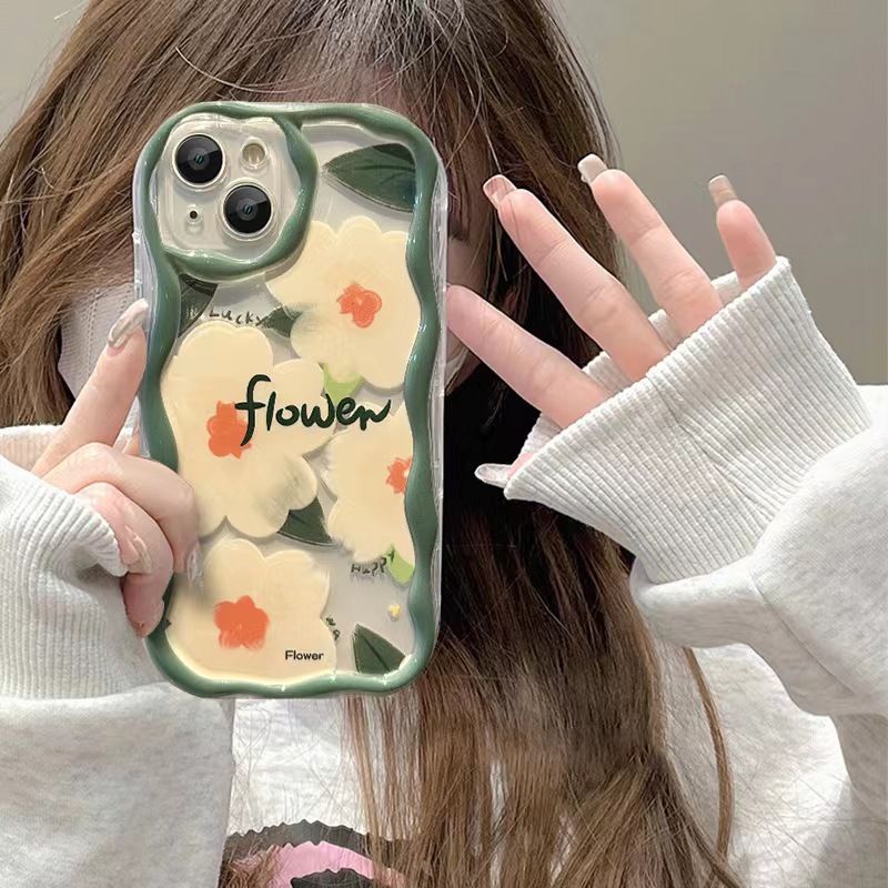 IPHONE Casing Ponsel Desain Bunga Lukisan Minyak Tepi Hijau Kompatibel Dengan Iphone12 13 14 11 Pro Max X Xs Max Xr Ggvbc