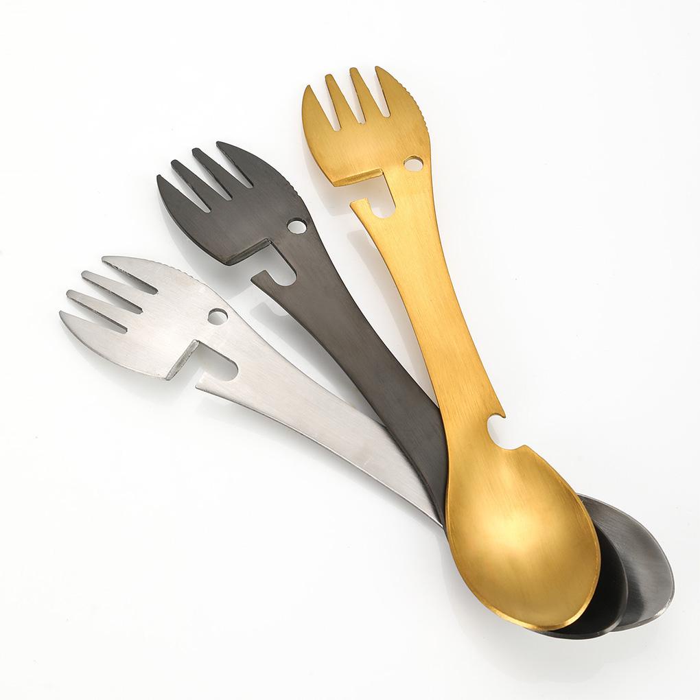 Spork Multifungsi Stainless Steel 5in1 Pisau Sendok Gantungan Kunci Pembuka Botol Alat Makan Untuk Camping Piknik Utensil