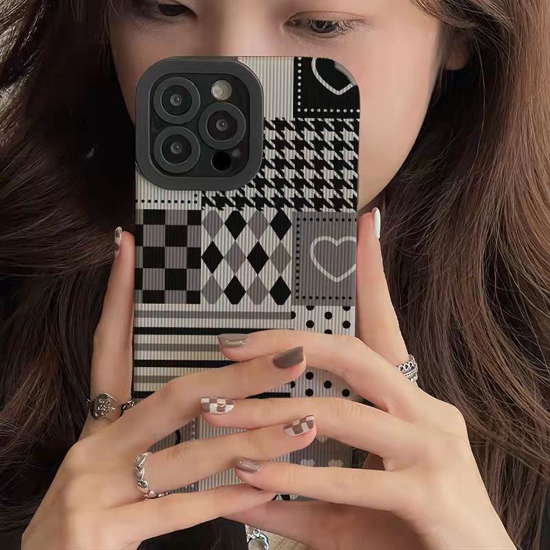 【Lamb Skin】SoftCase for IPhone 6S 7 Plus 8 Plus X XS XR XS Max 11 13 12 14 PRO Max 14 Plus 12 13 MINI Phone Case Grey Houndstooth Grid for girl Missconnie case