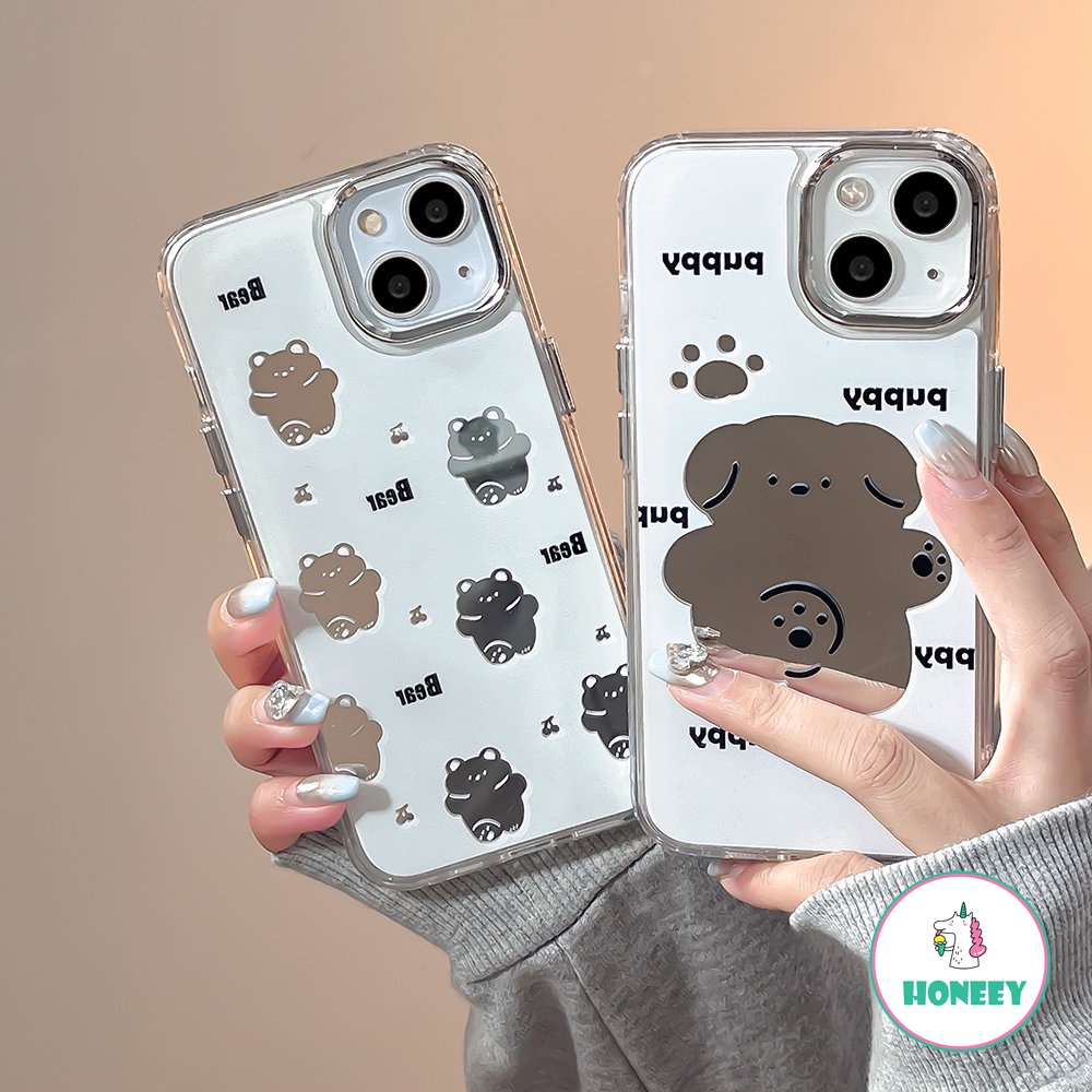 IPHONE Cermin Rias Beruang Lucu Kartun Puppy Shockproof Phone Case Untuk Iphone14 11 12 13 Pro Max Huruf Lucu Lembut Penutup Belakang