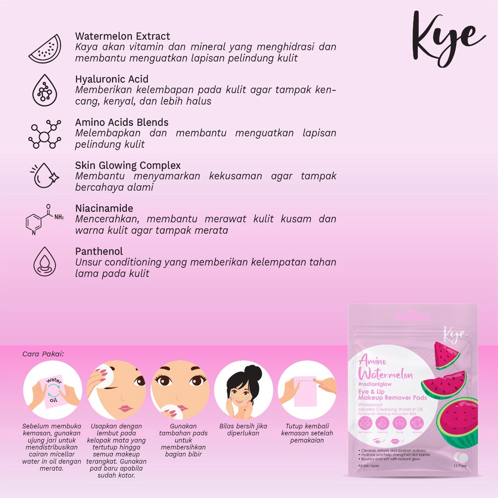 Kye - Amino Watermelon Eye &amp; Lips Makeup Remover Pads -15 Pads