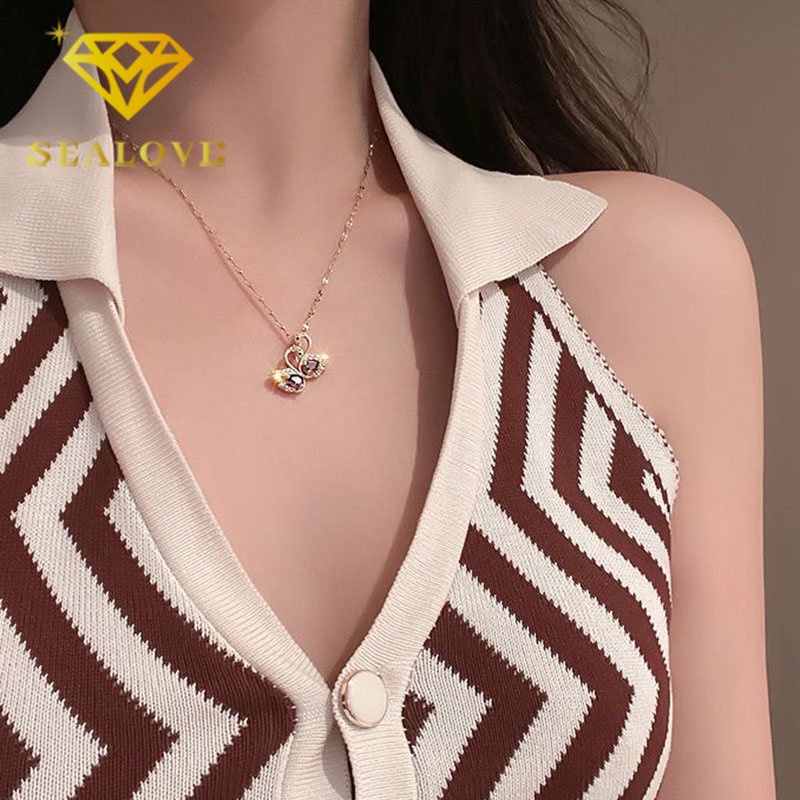 Kalung Titanium Swan Angsa Kristal Ungu Berlian Emas 18K Anti Karat Mewah Elegan Korea Aksesoris Wanita Perhiasan