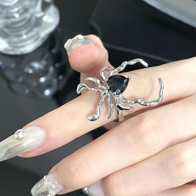 Gothic Irregular Spider Webs Ring/Kepribadian Pembukaan Spider Ring/Punk Gelap Hewan Hitam Kristal Rings/Vintage Perhiasan Serangga/Hip Hop Fashion Pesta Perhiasan