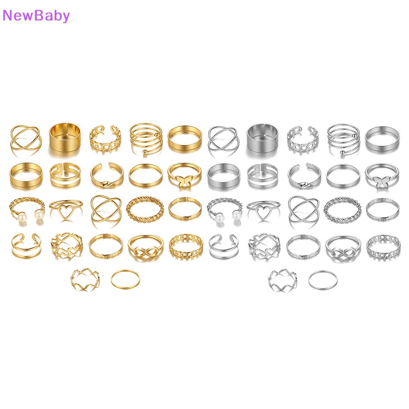 Newbaby 22pcs Set Vintage Berongga Hati Kupu-Kupu Cincin Set Untuk Wanita Logam Warna Perak Geometris Bentuk Spiral Cincin rendy Jewelry ID
