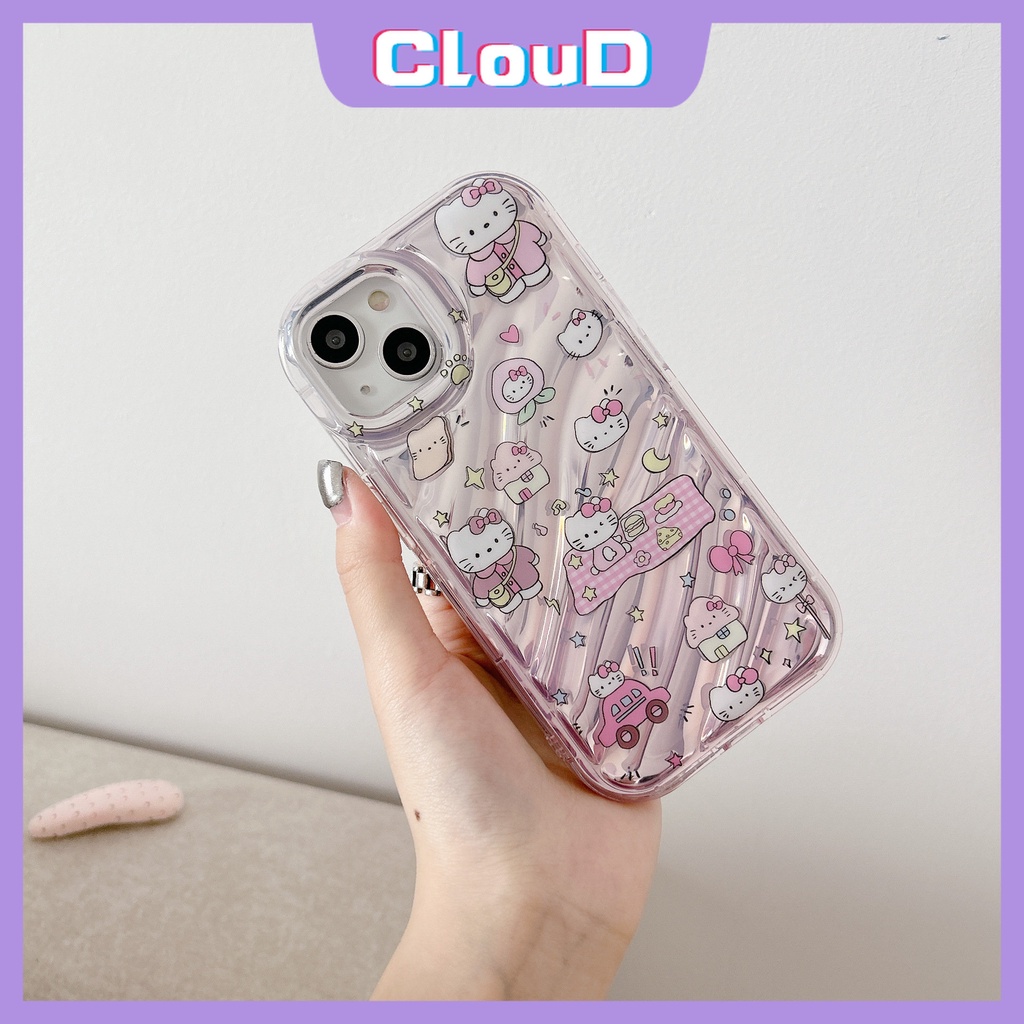 IPHONE Casing Bening Kartu Laser Kompatibel Untuk Iphone7 8 Plus 6 6S 7 8 Plus X XS Max SE 2020xr 11 12 13 14 Pro Max 3D Stereo Corrugation Doodle Kartun Lucu Hello Kitty Pattern Cover