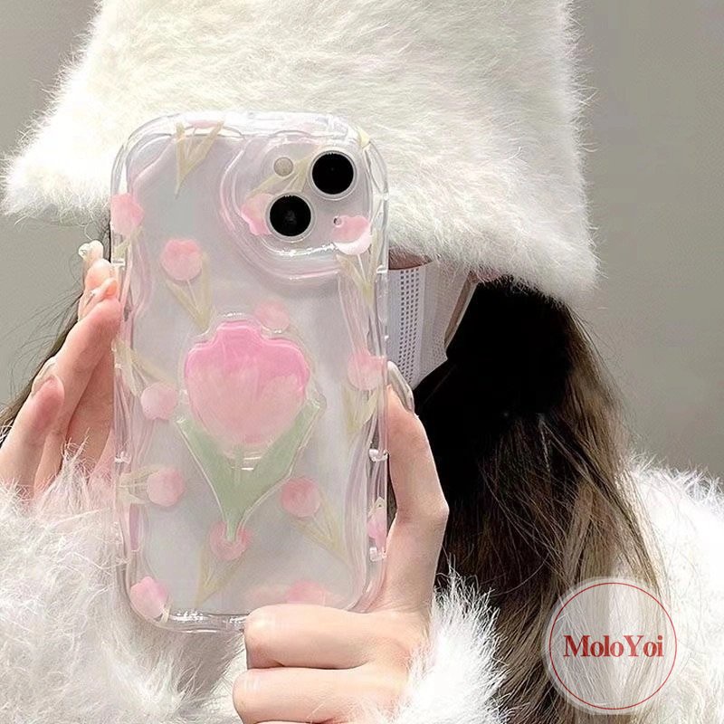 3d Wavy Curved Edge Fresh Flowers Tulip Case Kompatibel Untuk iPhone XR XS X Max11 12 14 13 Pro Max7 6 6s 8 Plus SE 2020 Stand Phone Bunga Dengan Braket Bunga Soft Cover