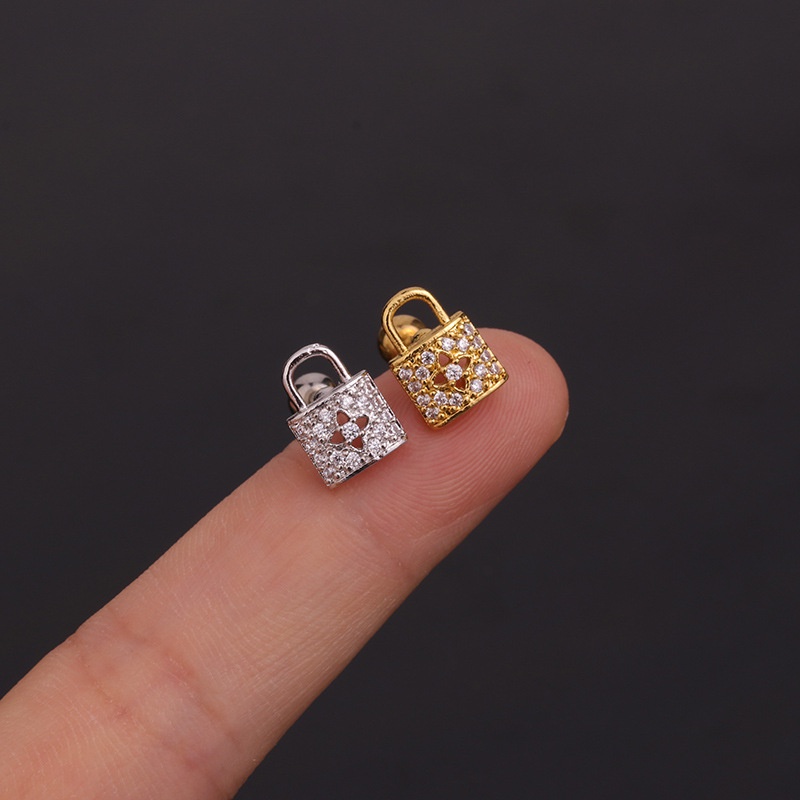 1biji Kreatif Daun Kunci Lock Zirkon Tulang Rawan Helix Tragus Keong Rook Lobek Sekrup Kembali Anting-Anting Stud