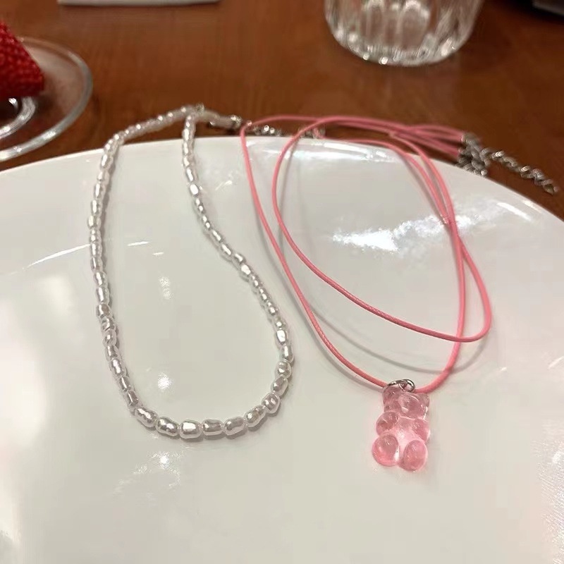 Papaozhu Dua Lapis Lucu Merah Muda Gummy Bear Liontin Mutiara Manik-Manik Choker Kalung Untuk Wanita Gadis Romantis Manis Jelly Beruang Kalung Fashion Tulang Selangka Rantai Perhiasan Hadiah