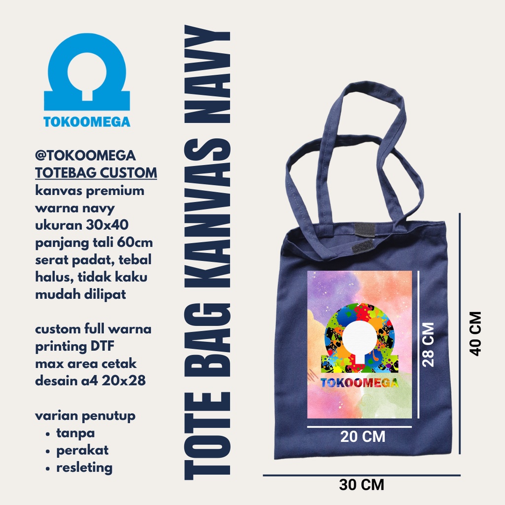 Totebag Custom Canvas Navy Cocok Untuk Kuliah Wanita Dan Pria, Tote Bag Resleting Kanvas Tebal Tas Tote Bag Polos 30x40