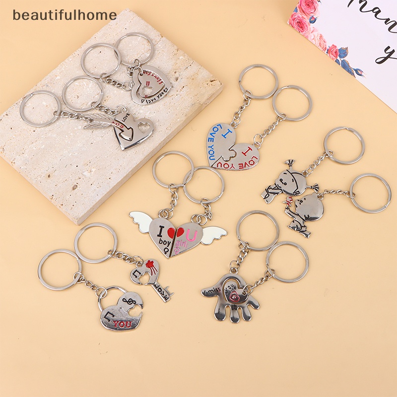 {beautifulhome} 1pasang Paduan Seng Perak Berlapis Hadiah Kekasih Pernikahan Nikmat Pasangan Hati Gantungan Kunci Fashion Keyring Key Fob Creative Key Chain.