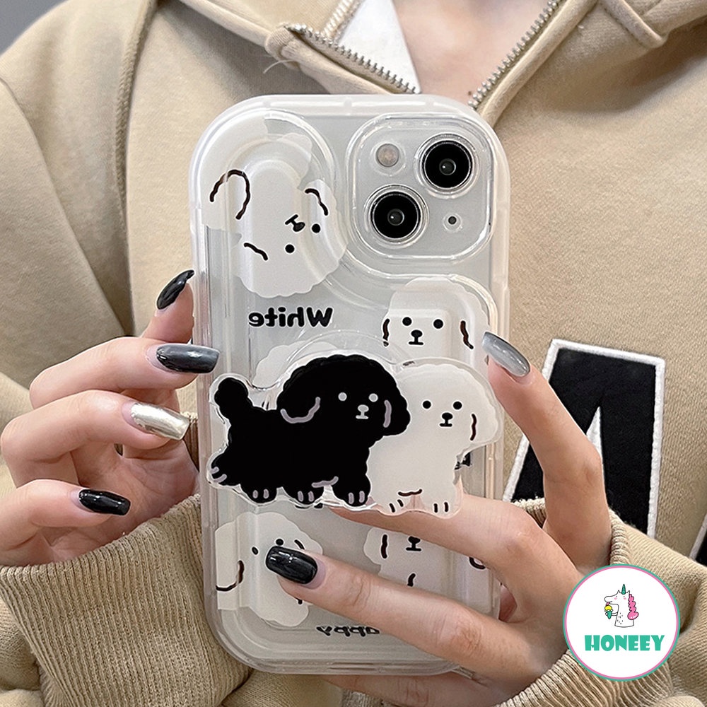 Fashion Hitam Putih Puppy Phone Case Kompatibel Untuk iPhone 14 Pro Max13 12 11 Pro Max Case iPhone 11xr Kartun Berdiri Lembut TPU Penutup Belakang