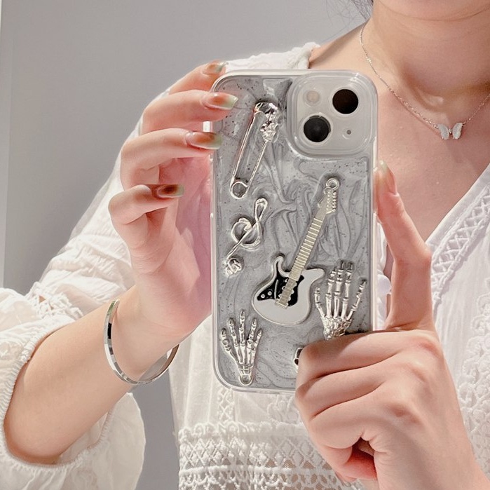 Silver Grey Pigment Metal Guitar Soft TPU Case HP iP iPhone 14 13 12 11 Pro X XS XR Max 7 8 + Plus SE 2020 2022 Drop Glue FTD Casing Apple