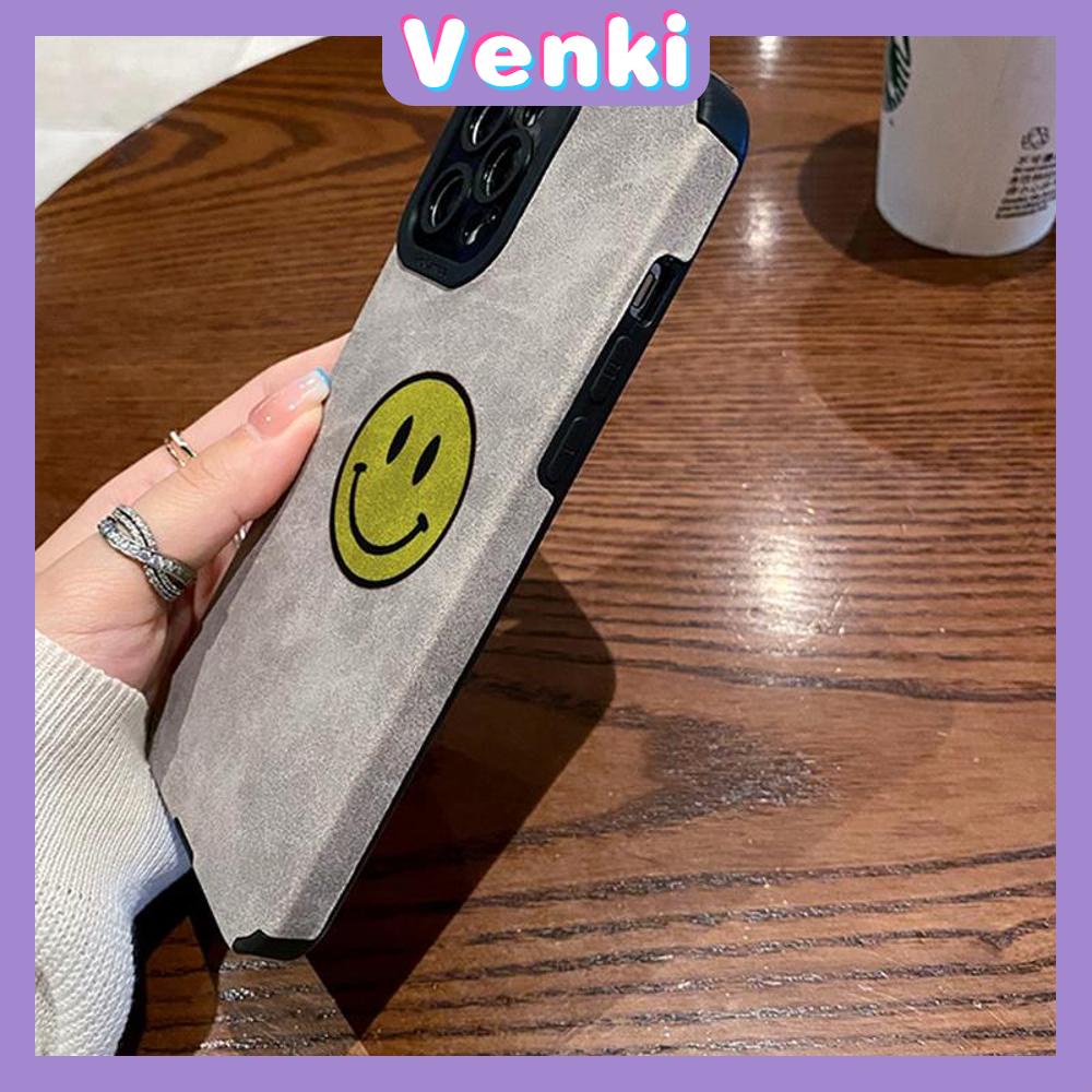 VENKI - Untuk iPhone 11 Case Leather Pupil Suede Case Soft Shockproof Phone Case Camera Simple Yellow Smile Kompatibel dengan iPhone 14 13 Pro max 12 Pro max xr xs 7Plus 8Plus