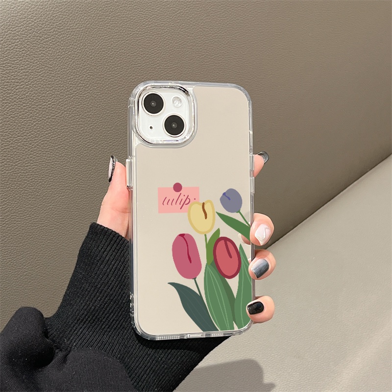 IPHONE Casing Ponsel Cermin Tulip Kartun Bunga Kompatibel Untuk Iphone11 12 13 14 12Pro 13Pro 14Pro Pro Max XR X XS Max Electroplating Tombol Perlindungan Mirror Cover