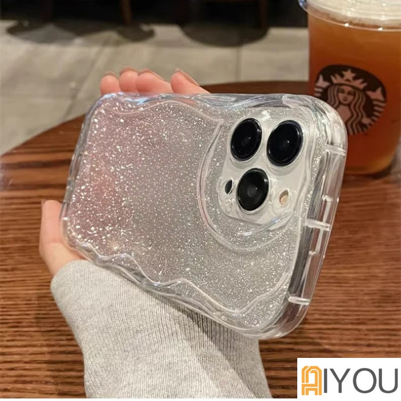 IPHONE Ins Gradiasi Glitter Bening Ponsel Case Untuk Iphone14 13 12 11 Pro Max X XR Xs7 8 Plus S2022 Curly Wavy Frame Shockproof Cover