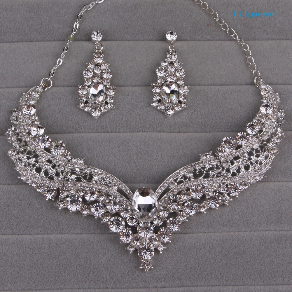 [LS]Wedding Bridal Queen Style Berlian Imitasi Sepenuhnya Mengkilap Kalung Anting Set Perhiasan