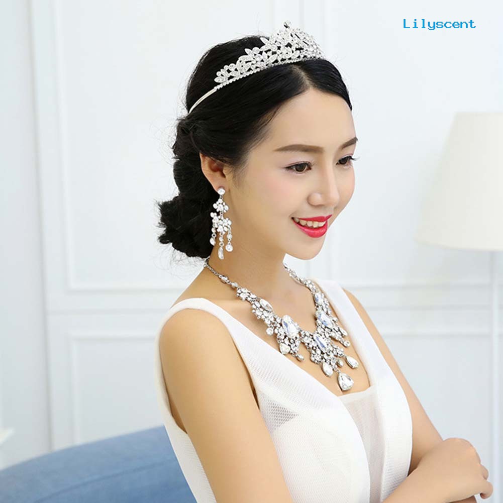 [LS]2Pcs/Set Shiny Full Rhinestone Tassel Bridal Statement Bib Kalung Anting