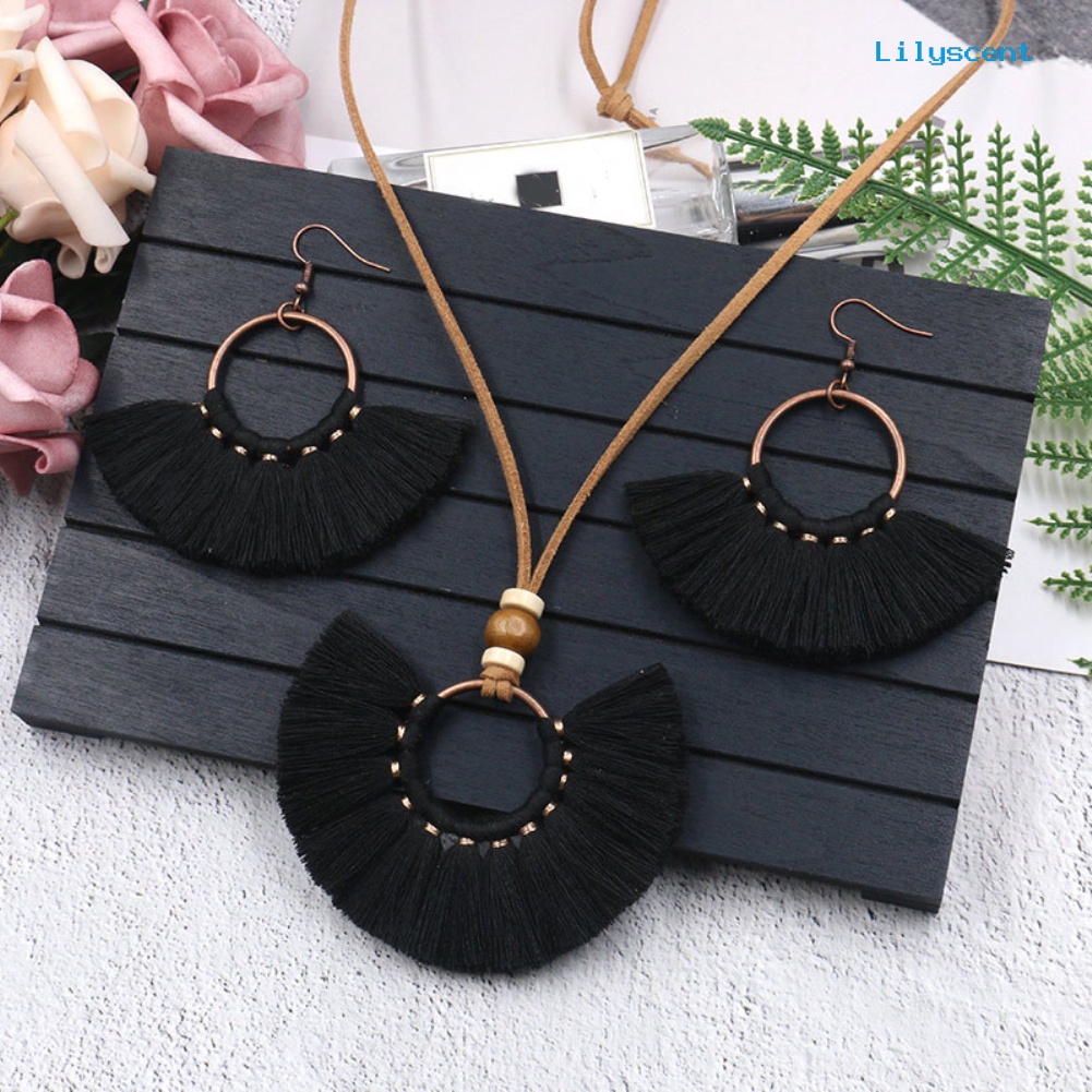 [LS]Bohemian Wanita Bulat Liontin Fringe Rumbai Tali Kalung Anting Set Perhiasan