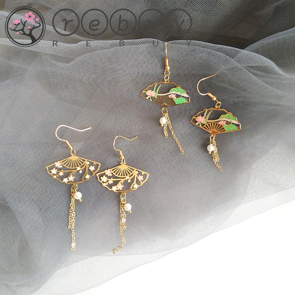 REBUY Rebuy Anting Drop Panjang Bunga Sakura Daun Mutiara Rantai Rumbai Lotus Elemen Cina