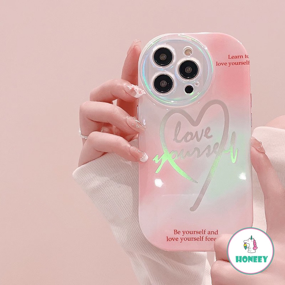 Sweet Pink Gradient Love Heart Laser Phone Case Kompatibel Untuk Iphone11 Pro Max12 13 Pro Max Case iPhone 14 Pro Max Fashion Shockproof Back Cover