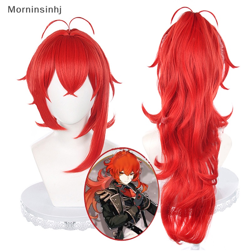 Mornin Genshin Impact Diluc Cosplay Wig Ponytail Tinggi Merah Wig Cosplay Anime id