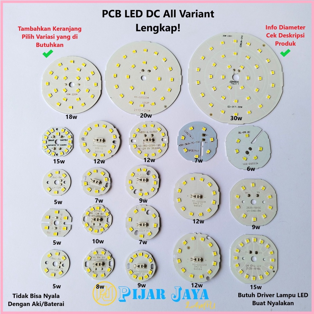 PCB LED DC All Varian Watt Lengkap 5W 6W 7W 8W 9W 10W 12W 15W 18W 20W 25W 30W