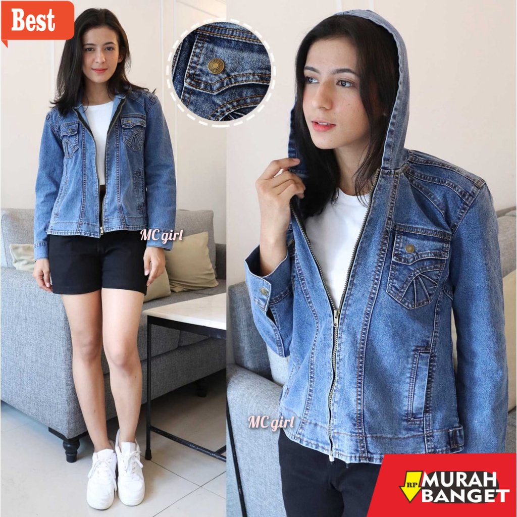 Jaket denim wanita terbaru- MC girl - Jaket Jeans Topi Resleting Wanita / Jacket Denim Sleting Hoodi