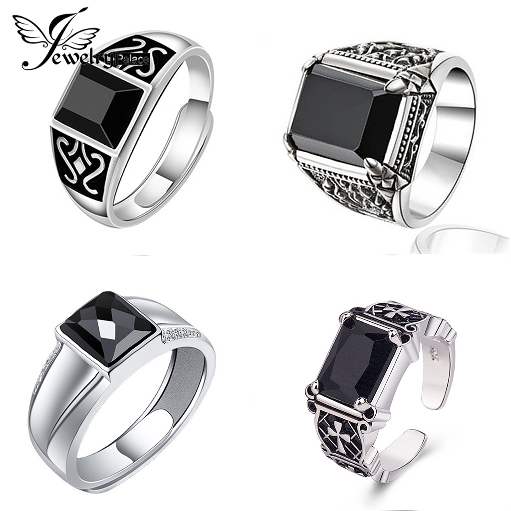 Jewelrypalace Black Silver925 Cincin Obsidian Berlian Perhiasan Asli Onyx Black Pria Simple M090