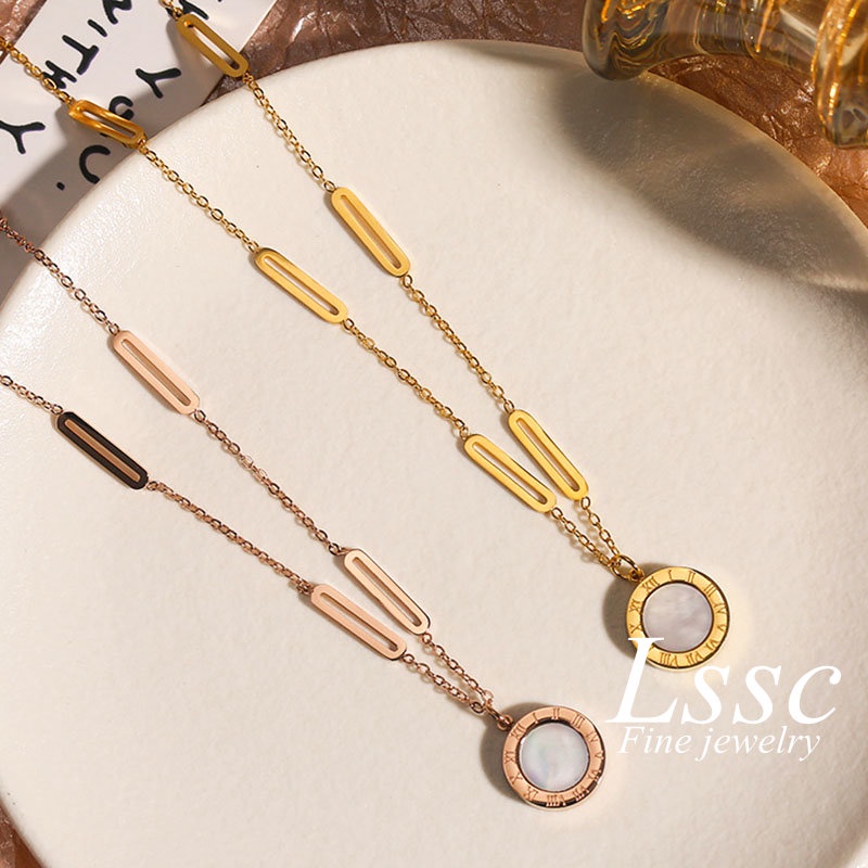 Kalung Titanium Romawi Bulat Hitam Korea Aesthetic Emas 18K Anti Karat Aksesoris Wanita Perhiasan Necklace
