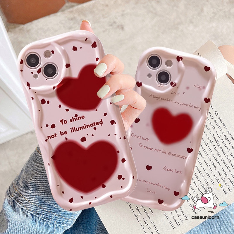 Casing Kartun Merah Love Hati 3D Bergelombang Tepi Melengkung Untuk Redmi9 10C 9C NFC A1 9T 10A A2 9A Redmi Note8 11 12 10s 9 11s 10 Pro Max POCO M3 Pasangan Lucu Doodle Simple Inggris Soft Case