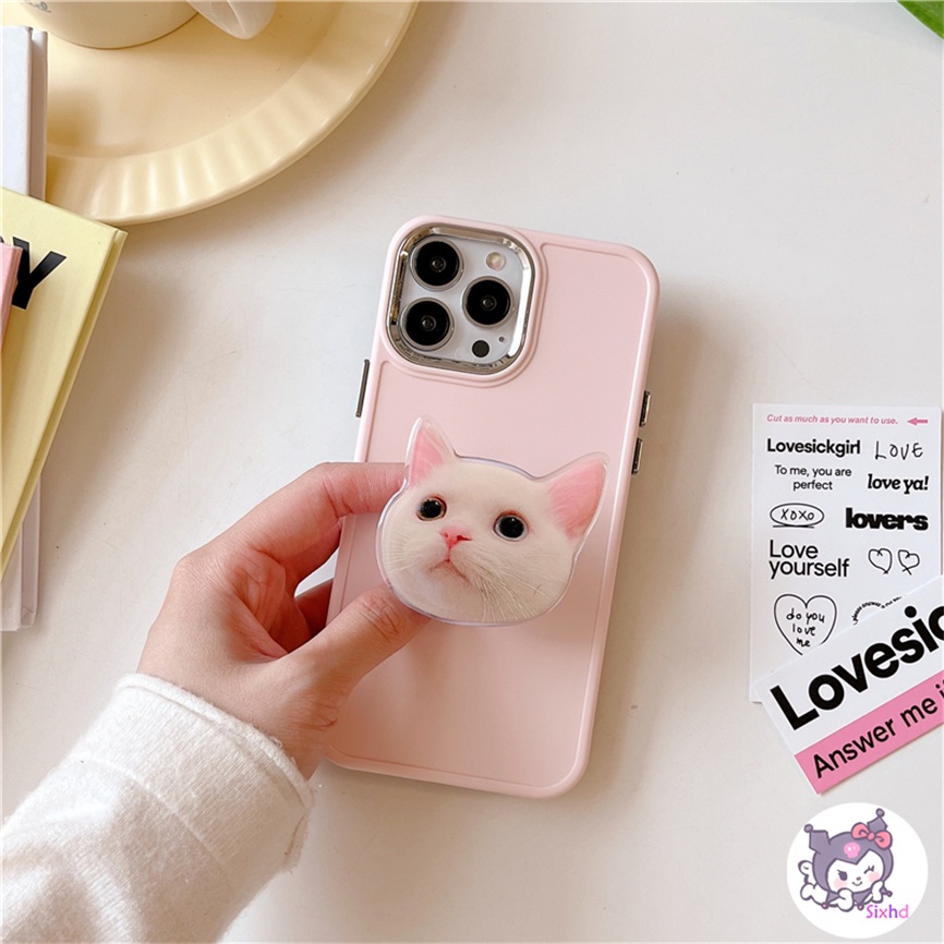 Compatible For iPhone 11 14 13 12 Pro Max 8 7Plus X Xs Xr Xs Max SE2020 Electroplated Lens Frame Protection Cute Cartoon Kitten Fashion Phone Case+Bracket Soft Anti Drop Cover