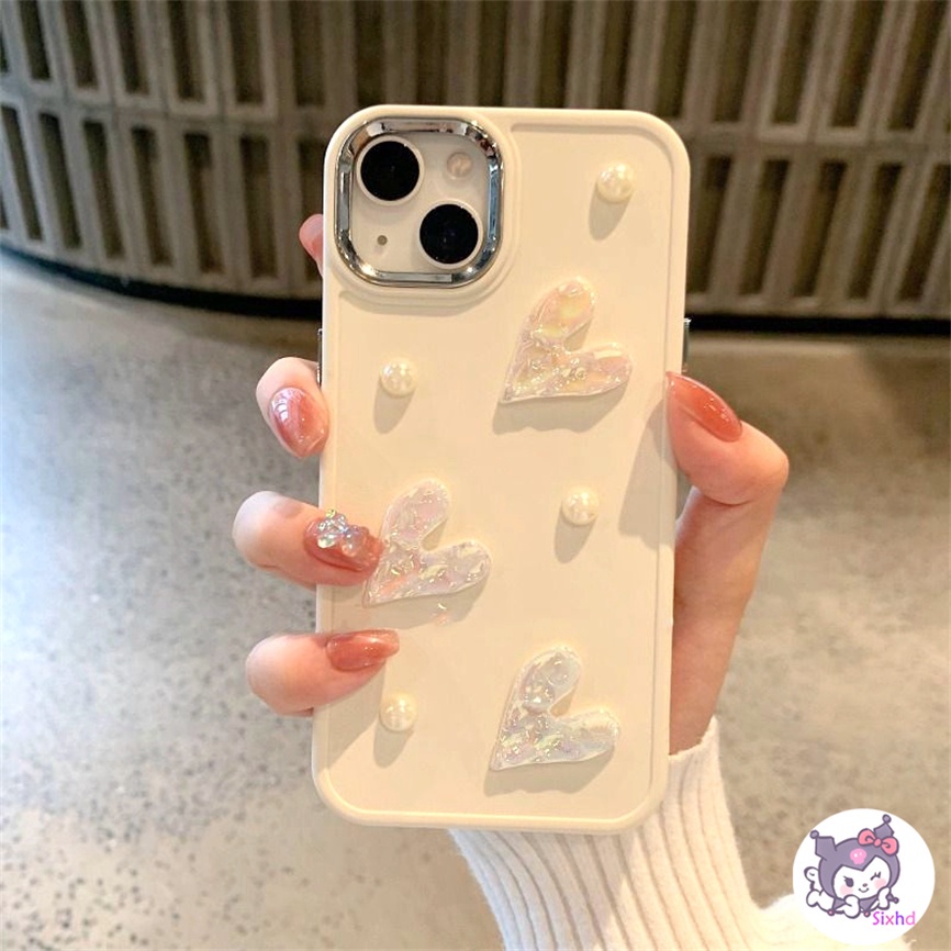 Compatible For iPhone 14 13 12 11 Pro Max SE2020 X Xr Xs Max 8 7 6 6s Plus Fashion  3D Love Heart Cream Pearl Metal Buttons Shockproof Phone Case Soft Cover