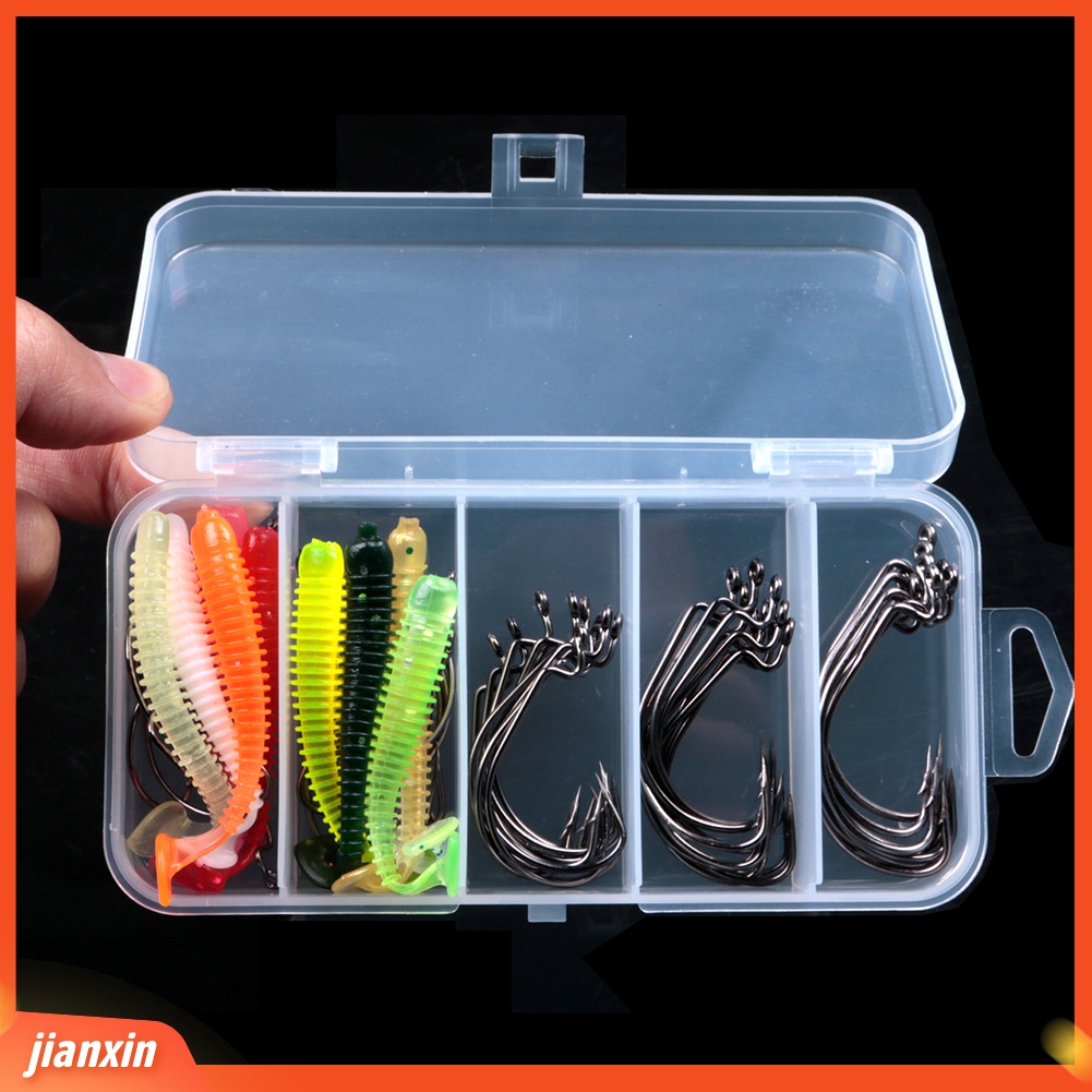 (In Stock) 60Pcs T-Tail Umpan Cacing Buatan Soft Lure+Kait Ikan Fishing Tackle Dengan Kotak