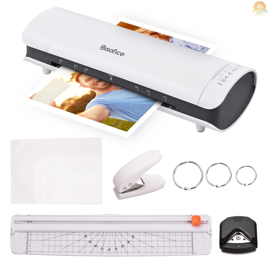 In Stock Bisofice SL988 Set Mesin Laminator Desktop Ukuran A4 6IN1 Laminasi Panas Dan Dingin Multifungsi 2 Sistem Rol Lebar 9inci Max Dengan Pemotong Kertas Trimmer Rounder Hole