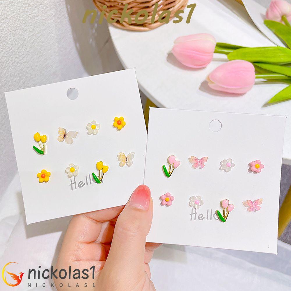 NICKOLAS1 Set Anting Bunga Temperamen Manis Kupu-Kupu Tulip Gadis Alloy Anting Gaya Korea