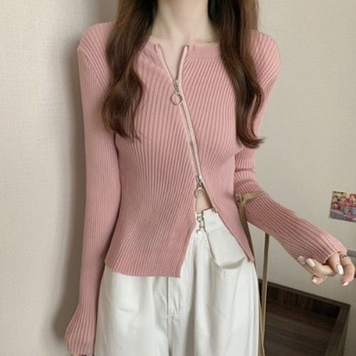 Cardigan Rajut Resleting Wanita Polos Lengan Panjang Korean Outer