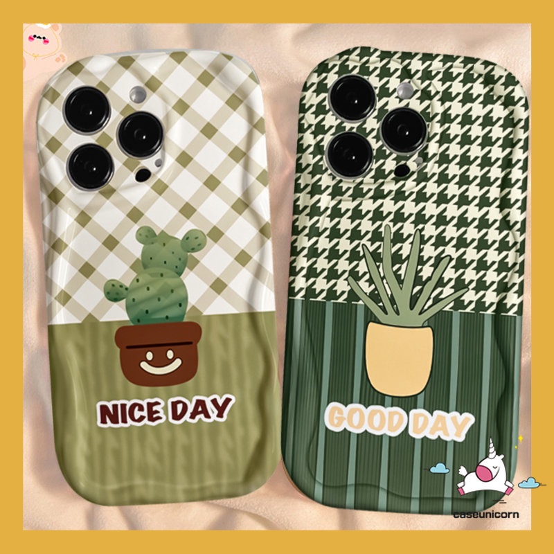 Fashion Casing Ponsel Tepi Melengkung Bergelombang 3D Untuk Infinix Hot12 10 30 8 11 20 9 Bermain Panas 30i 8 9 10Lite Note12 4G 12 G96 Pola Kisi Tanaman Pot Segar Kaktus Lembut Tpu Penutup Belakang