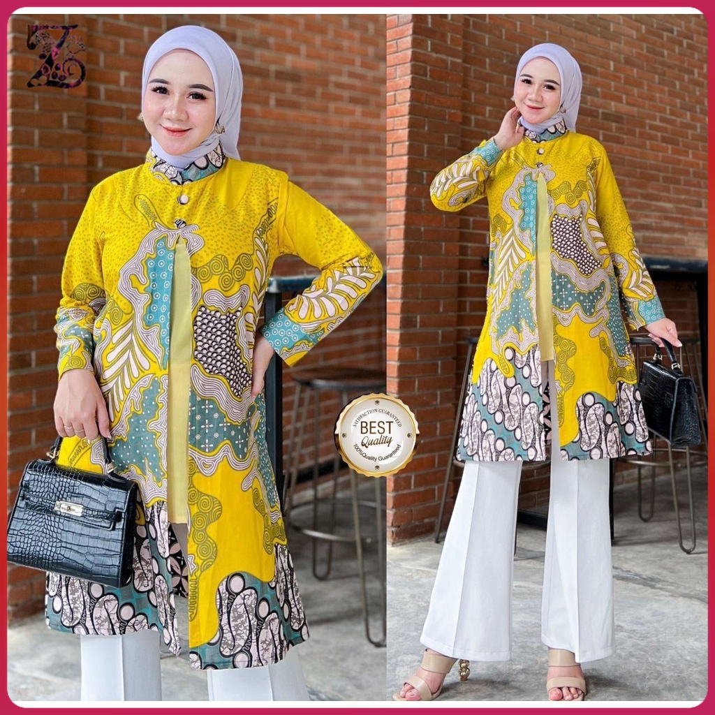 ZulvaCollections - Baju Kerja Batik Tunik Wanita Dewasa Warna Kuning Motif Kombinasi